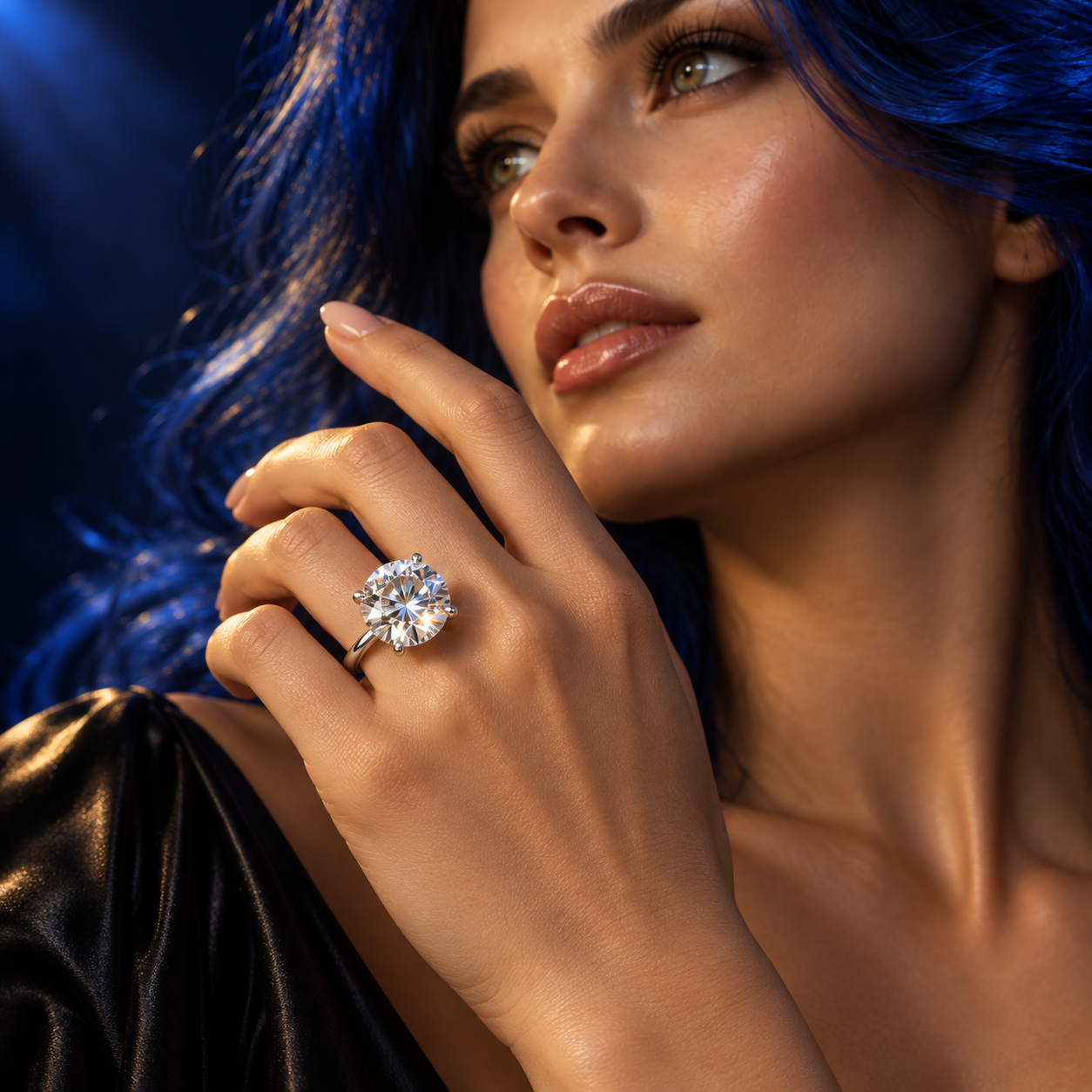 Close-up of the same YSE campaign woman’s hand wearing a ten-carat equivalent platinum solitaire ring
